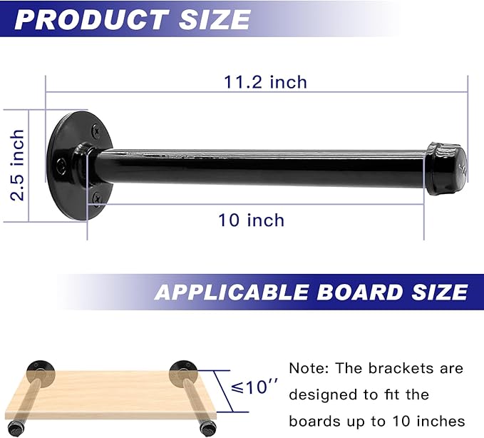 6 Pack Pipe Shelf Brackets 10 Inch, Industrial Iron Pipe Floating Shelves Bracket Heavy Duty Metal Shelving Brackets for DIY Shelves