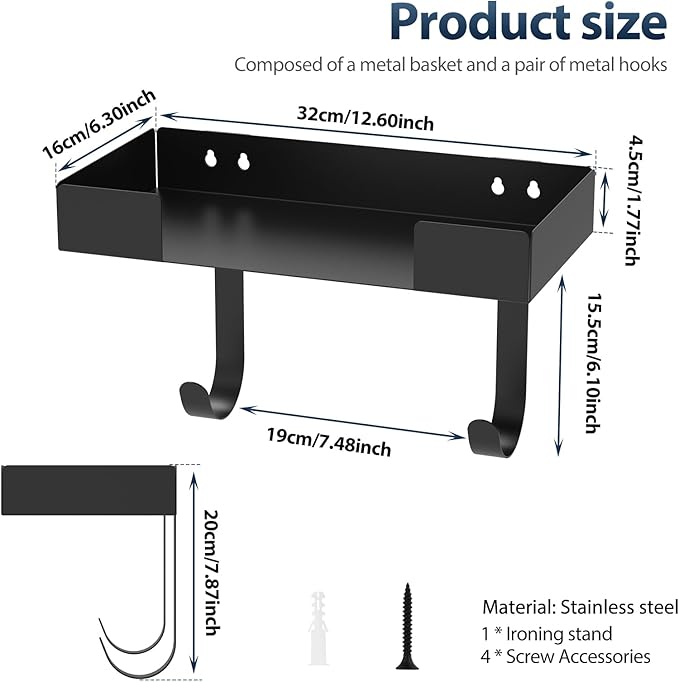 Ironing Board Holder, Wall Mount Ironing Board Hanger, Stainless Steel Iron Board Holder, Multipurpose Ironing Board Rack with Shelf and Removable Hooks, Storage Organization for Laundry Room Bathroom