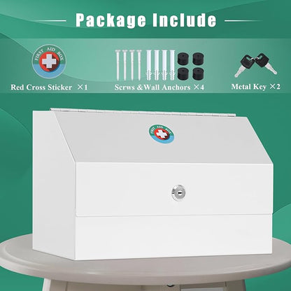 KYODOLED Wall Mount Medicine Lock Box, Drug Cabinet with Key, Large Capacity Secure Steel Prescription, First Aid Kit for Emergencies Home and School use, White, 12.2 * 5.9 * 7.87 inch
