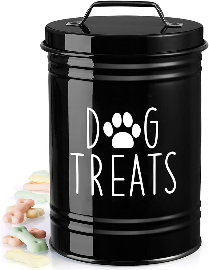 Extra Large Dog Treat Container Airtight - 9" Tall X 6" Round Black Dog Treat Jar for Kitchen Counter - Rustic Treat Storage Canister for Dogs, Cats, Small Animals