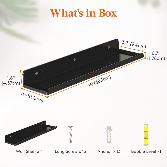 Lifewit Floating Shelves for Bathroom, 15" Clear Wall Organizer for Makeup, Perfume, Figures, Photo, Decor Shelf for Nursery, Living Room, Bedroom, Kitchen, Over Toilet Storage Rack, Black, 4 Pack