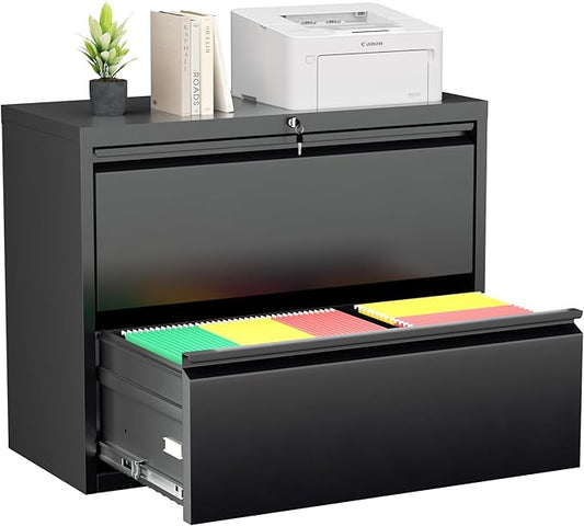 Greenvelly 2 Drawer File Cabinet, Black Metal Lateral File Cabinet with Lock, Office Filing Cabinet for Legal/Letter/A4/F4 Size with Hanging Files&Key, Lockable File Cabinets for Home Office