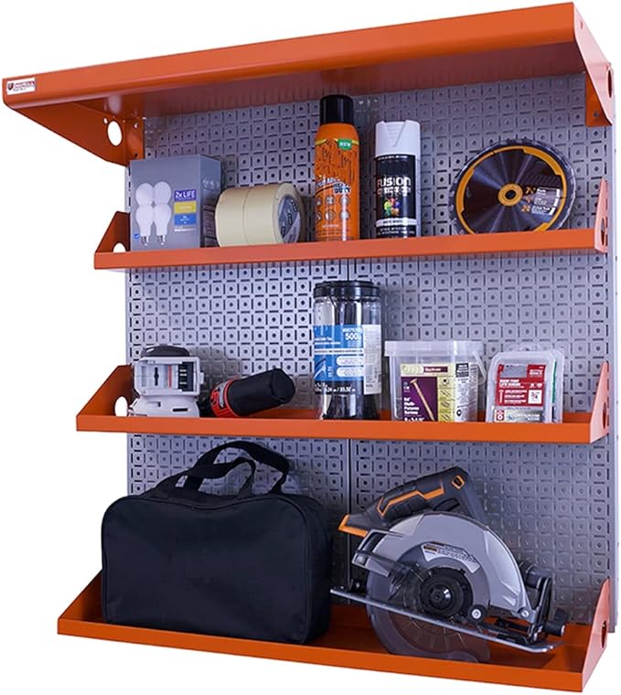 OmniWall Metal Pegboard Shelving Organization System Shelving Kit 32" x 32" Modular Pegboard- Panel Color: Silver Accessory Color: Orange