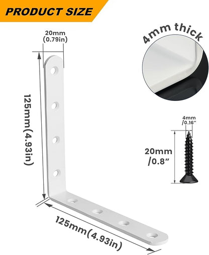 Alise 4 PCS L Brackets Heavy Duty Corner Bracket, 5 X5 Inch White Floating Shelf Brackets for Shelves, Stainless Steel L Shape Wall Mounting Brackets, Metal L Joint Angle Bracket for Wood Shelving