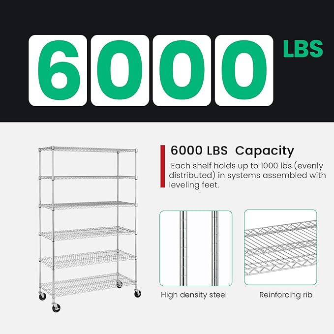 PayLessHere | 6-Tier Wire Shelf with Wheels | 48"x18"x76" | Chrome | Adjustable Racks | Heavy-Duty Storage Shelves, Holds Upto 600 lbs | Rust-Resistant, No-Tool Assembly | for Home, Garage Shelving