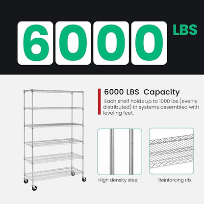 PayLessHere | 6-Tier Wire Shelf with Wheels | 48"x18"x76" | Chrome | Adjustable Racks | Heavy-Duty Storage Shelves, Holds Upto 600 lbs | Rust-Resistant, No-Tool Assembly | for Home, Garage Shelving