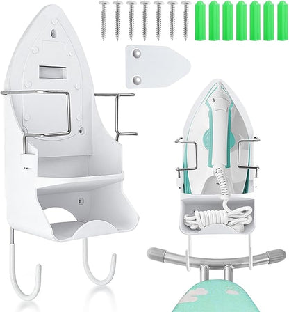 Iron Board Hanger Wall Mount Electric Iron Holder Ironing Board Holder Wall Mount Room Storage Iron and Ironing Board Storage Organizer Shelf with Removable Hooks