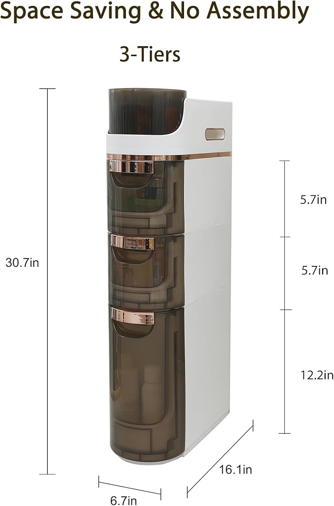 Slim Bathroom Storage,Slim Cabinet for Bathroom,Narrow Movable Bathroom Storage Organizer for Small Spaces,Bathroom,Kitchen,Living Room (3-Tiers)