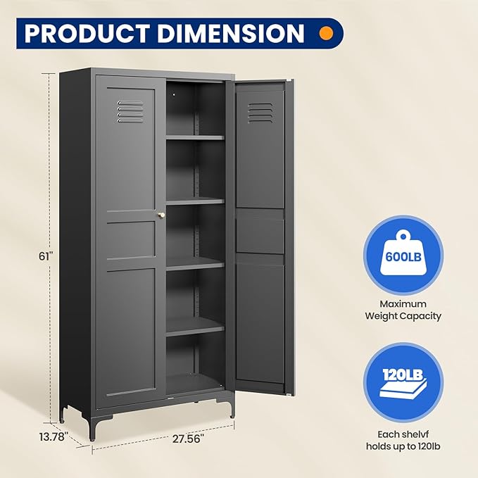 MIIIKO Storage Cabinet with Doors, Metal Pantry Cabinet, Tall Kitchen Storage Cupboard with 4 Shelves, Freestanding Cabinet for Laundry Room, Garage and Bathroom