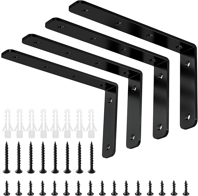 YUMORE L Bracket, 5" x 3" Max Load: 35lb/15KG Heavy Duty Stainless Steel Solid Shelf Support Corner Brace Joint Right Angle Bracket, Pack of 4, Black