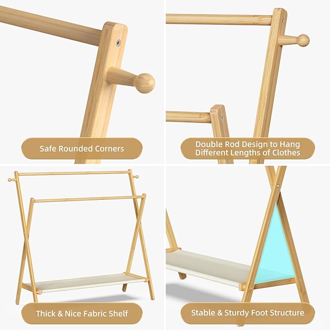 Kids Clothing Rack With Storage Shelf & Double Rods, Foldable Dress Up Clothes Rack for Toddler Nursery, Child's Room, 100% Natural Bamboo (Large Size)