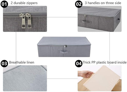 Pack of 3, Folding Under the Bed Storage Bins with Lids, Clothes, Shoes, Blanket, Bedding Closet Organizer Containers, Bedroom Storage Organizer Basket, Space Saving Organiser Bins, Light Gray