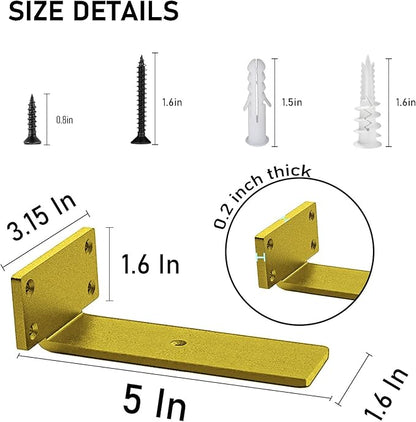 Advanced Heavy-Duty Shelving Bracket - 5-Inch Floating, 0.2-Inch Thick Gold L-Shaped Solid Steel (6 Pieces)
