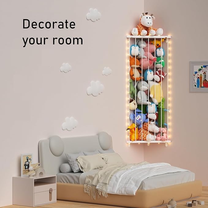 Corner Stuffed Animal Storage Net - Stuffed Animals Holder with Lights - Plush Organizer Hanging Stuffed Animal Hammock for Wall (White)