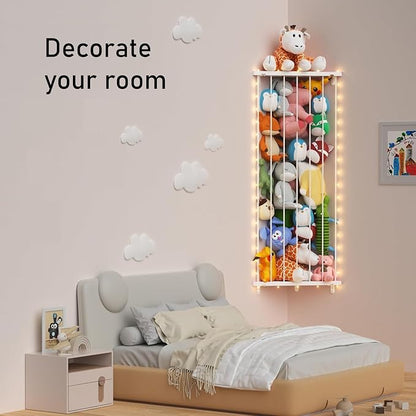Corner Stuffed Animal Storage Net - Stuffed Animals Holder with Lights - Plush Organizer Hanging Stuffed Animal Hammock for Wall (White)