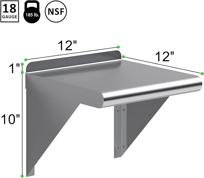 NSF Certified 18 Gauge Heavy Duty Stainless Steel Wall Shelf with Brackets for Kitchens, Utility Rooms, Storage, Offices & Home (12" x 12")