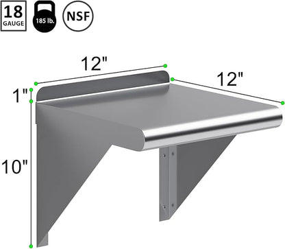 NSF Certified 18 Gauge Heavy Duty Stainless Steel Wall Shelf with Brackets for Kitchens, Utility Rooms, Storage, Offices & Home (12" x 12")