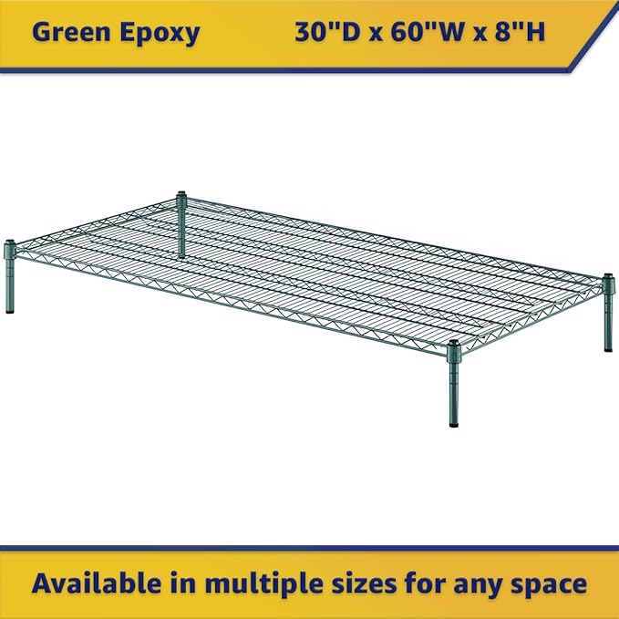 30" x 60" x 8" Green Epoxy Wire Storage Shelf, Dunnage Rack, Commercial 1 Tier Small Shelf
