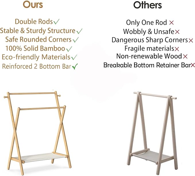 Kids Clothing Rack, Small Clothes Rack for Toddler Pets, Kids Dress Up Rack with Storage Shelf & Double Rods, Foldable Kids Clothes Rack for Nursery Child's Room (Regular Size)
