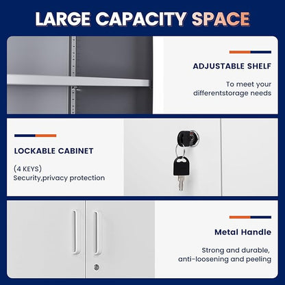 Yizosh Metal Storage Locking Cabinet with 4 Doors and 2 Adjustable Shelves,71" Lockable Garage Tall Steel Cabinet,for Home Office,Living Room,Pantry,Gym,Commercial Storage (Gray White)