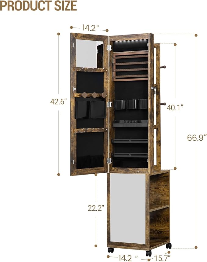 8 LEDs Jewelry Cabinet Armoire, 66.9-inch Jewelry Organizer with Garment Rack, Lockable Full-length Mirror with 4 Wheels, Storage Shelves with Hooks, 5-in-1, Toasted Oak JC17007B