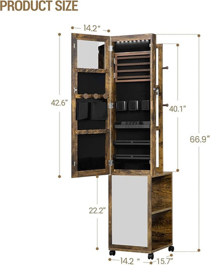 8 LEDs Jewelry Cabinet Armoire, 66.9-inch Jewelry Organizer with Garment Rack, Lockable Full-length Mirror with 4 Wheels, Storage Shelves with Hooks, 5-in-1, Toasted Oak JC17007B