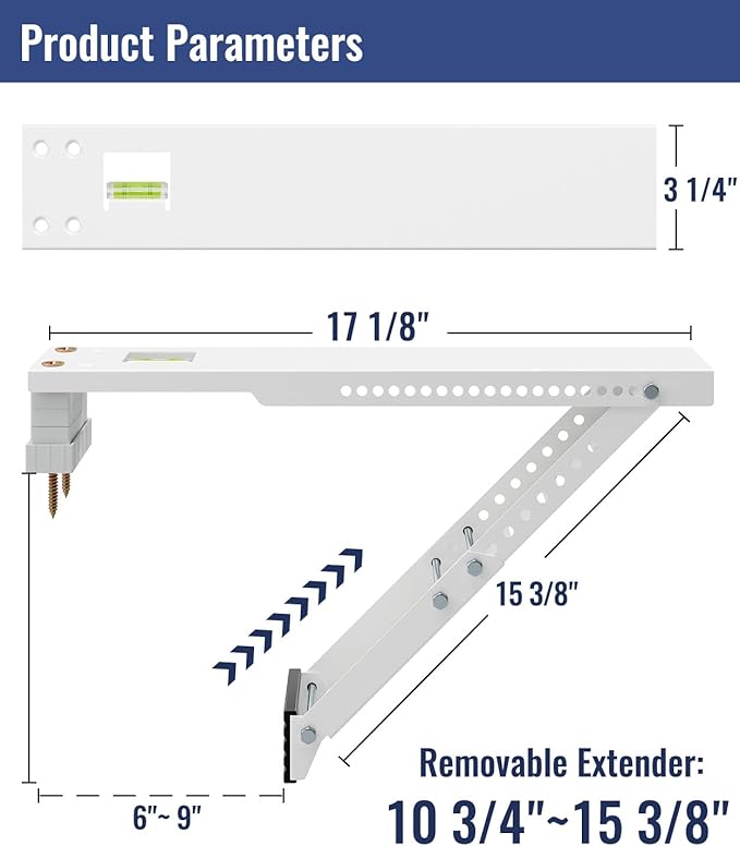 LuckIn Air Conditioner Support Bracket, Heavy Duty Window AC Bracket Universal Fit for 12,000-24,000 BTU AC Units, Holds Up to 165lbs, Adjustable Extender Leg & Built-in Bubble Spirit Level