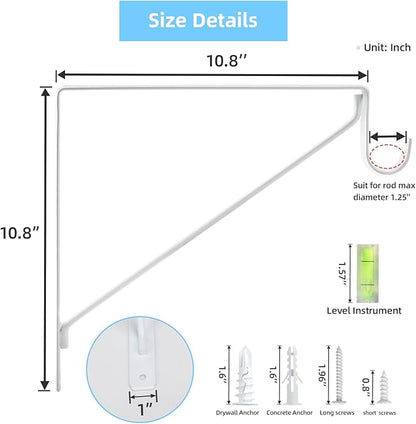 4-Pack Closet Rod Bracket, 10.8x10.8Inch Closet Shelf Brackets Heavy Duty Wall Mounted, Matte White Steel Closet Rod Support Brackets Holder, 300 Lbs Load Capacity with Anchors Screws