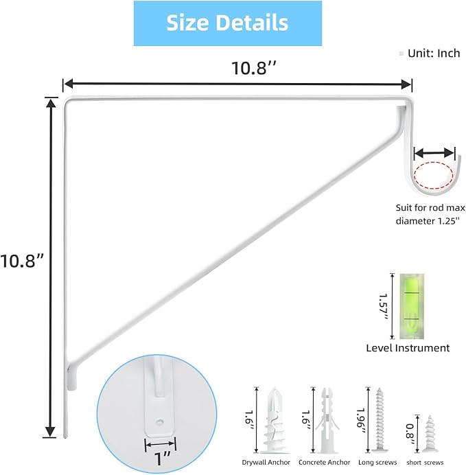 10-Pack Closet Rod Bracket, 10.8x10.8Inch Closet Shelf Brackets Heavy Duty Wall Mounted, Matte White Steel Closet Rod Support Brackets Holder, 300 Lbs Load Capacity with Anchors Screws