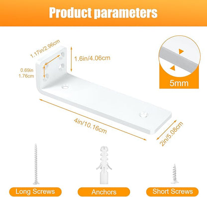 White Floating Shelf Brackets 4 inch, Heavy Duty Wall Shelf Bracket 6 Pack for Shelves Support, Hidden Metal L Brackets with Mounting Hardware (1/5'' Thick)