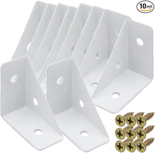 10Pcs White Right Angle Corner Shelf Bracket, 38x38mm Metal Corner Brackets for Wood Desk Bed Cabinet Edge, 1.5x1.5inch 90 Degree Corner Shelf Support Braces, with Mounting Screws