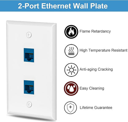 2 Pairs Ethernet Wall Plate Cat6 2 Port Keystone Jack Wall Plate with RJ45 Coupler Outlet Connector and Single Gang Low Voltage Mounting Bracket