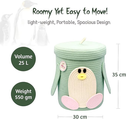 Kids Laundry Hamper with lid & Toy Storage Organizer | Large Penguin Woven Cotton Rope Bin for Stuffed Plushies | Cute Animal Design Basket with Cutout Handles for Nursery, Playroom & more (Penguin)