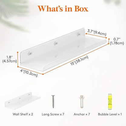 Lifewit Floating Shelves for Bathroom, 15" Clear Wall Organizer for Makeup, Perfume, Figures, Photo, Decor Shelf for Nursery, Living Room, Bedroom, Kitchen, Over Toilet Storage Rack, Clear, 2 Pack