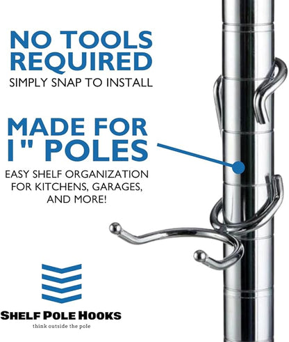 Shelf Pole Hooks 5 Pack | Chrome C-Hook for Hanging | Snap-On Hooks for 1 Inch Poles | Wire & Metal Shelving Hooks for Kitchen, Garage & Home Organization