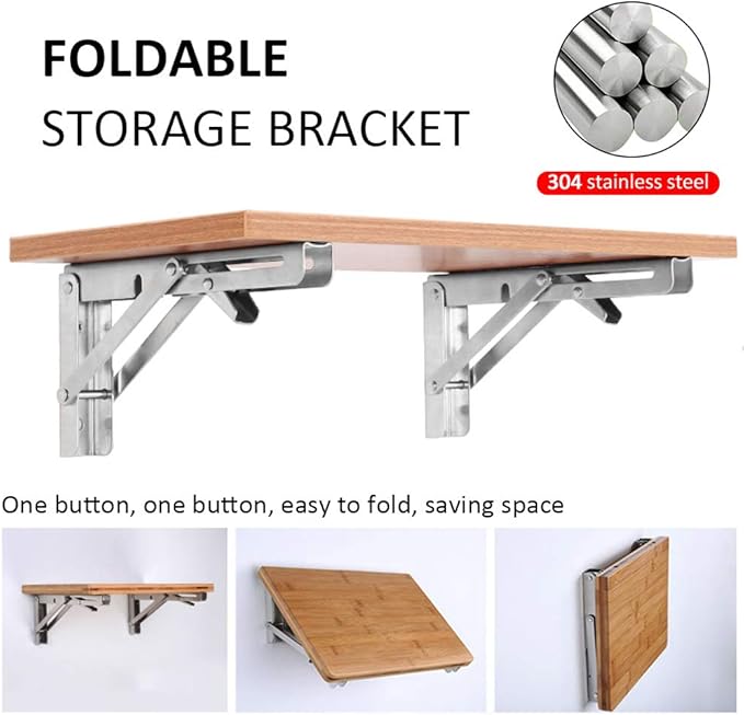 Storystore Folding Shelf Brackets - 14Inch Heavy Duty Stainless Steel Collapsible Shelf Bracket for Bench Table, Space Saving DIY Bracket, Max Load: 550lb