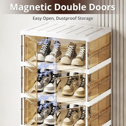 Foldable Collapsible Shoe Box Organizer Rack – 9 Tier Stackable Clear Sneaker Storage Boxes with Lids, Folding Shoe Cabinet Shelf, Plastic Portable Storage Bins with Easy Assembly for Closet Entryway