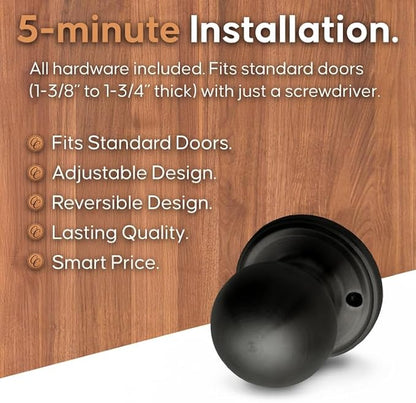 Copper Creek Dummy Interior Door Knob – ANSI Grade-3 Certified, Modern Heavy Duty Handle, Easy Install and Reversible for French Doors & Closets, Non Turning – Matte Black (1 Pack)