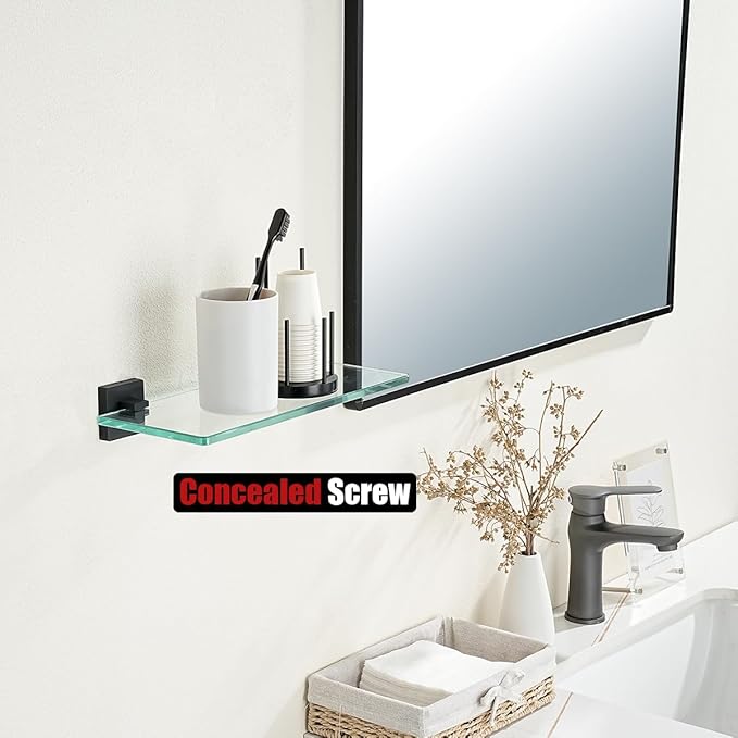 JQK Bathroom Glass Shelf Black, Tempered Glass Shower Storage 12 by 5 inches, 304 Stainless Steel Matte Black Wall Mount, TGS201L12-PB