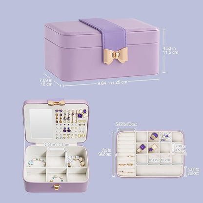 Lolalet 2 Layer Jewelry Box for Teen Girls & Young Women, Jewelry Organizer Case with Bow Clasp and Mirror for Earrings Rings Necklaces Storage, Gift Idea -Purple