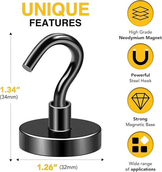 DIYMAG Black Magnetic Hooks, 120 LB Heavy Duty Strong Magnets with Hook, Rare Earth Neodymium Magnet for Cabins Cruise Ship Essentials 8 Packs