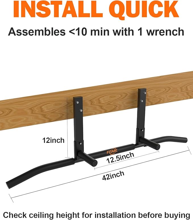 Fitarc Joist Mount Pull Up Bar, Wall Chin Up Bar Ceiling Mount for Beams, Heavy Duty Steel Construction, Home Gym Equipment -Patent Pending