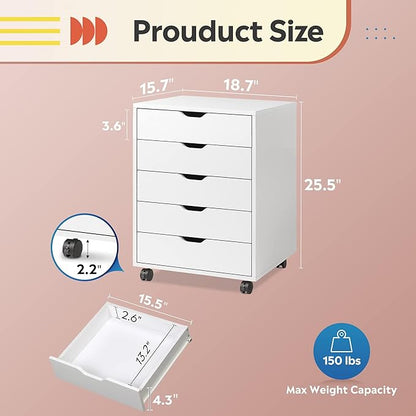 DEVAISE 5-Drawer Chest, Wood Storage File Cabinet with Wheels, White