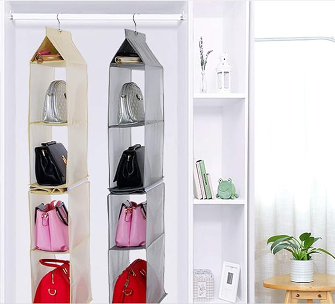 Detachable 4 Compartment Pouch Hanging Handbag Organizer Clear Purse Bag Storage Holder Wardrobe Closet Space Saving Organizers System for Living Room Bedroom(Pack of 2 Beige)