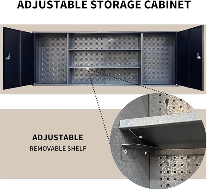 Large Wall Metal Tool Storage Cabinet with Lockable Doors and Removable Shelves for Garage Workshop Utility Room, Black & Grey