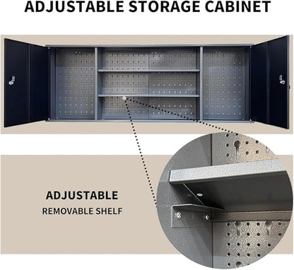 Large Wall Metal Tool Storage Cabinet with Lockable Doors and Removable Shelves for Garage Workshop Utility Room, Black & Grey