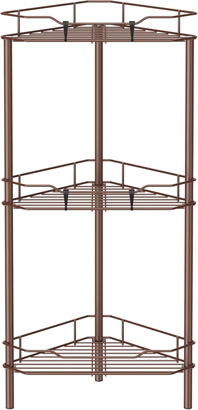 3 Tier Floor Standing Corner Shower Caddy Organizer Shelf with Hooks, Bathroom Shelves Stand Rack, Coffee