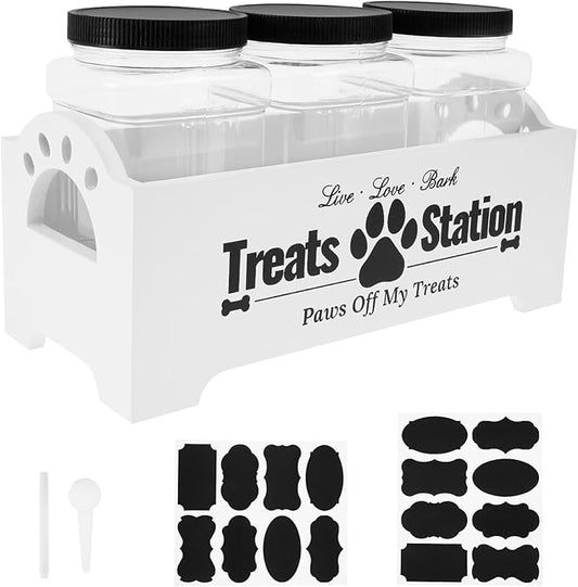 Dog Treat Container with 3 Plastic Treat Jars Wood Dog Food Container with Handles Dog Food Storage Container Decorative Cat Food Container for Dog Food Storage (White)