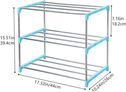 Stackable Small Shoe Rack, Entryway, Hallway and Closet Space Saving Storage and Organization (3-Tier, Blue)
