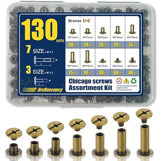130 Sets Bronze Chicago Screws Leather Rivets Kit, 7 Sizes (M5*4,5,6,8,10,12,15) & 3 Screw Lengths (M4*3,4,5) for Belts, Bookbinding, DIY Leather (Bronze)